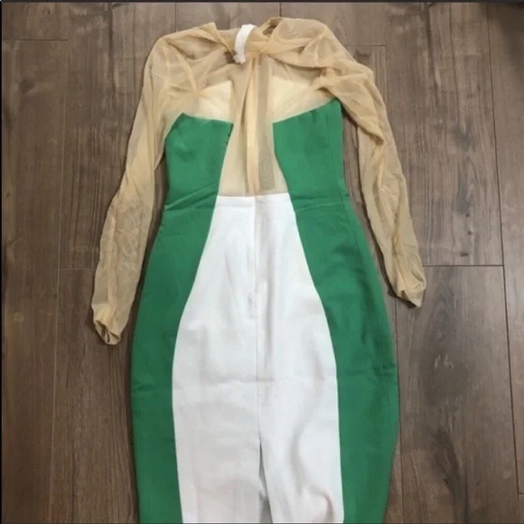 AQAQ Green & White Long Sleeve Midi Bodycon Dress - Picture 4 of 4